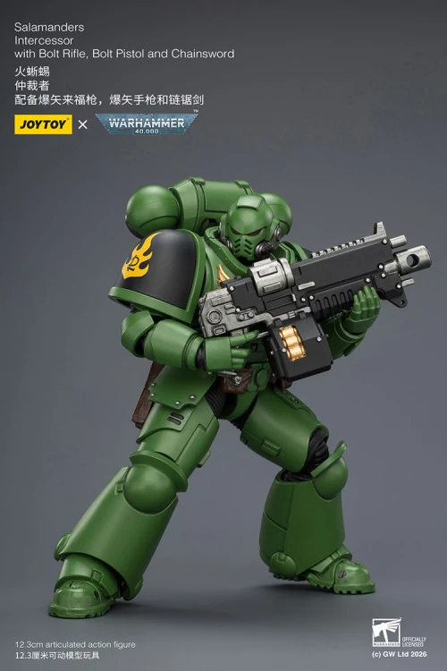 Salamanders Intercessor with Bolt Rifle, Bolt Pistol and Chainsword – Figurka JoyToy Warhammer 40k 1/18 12 cm