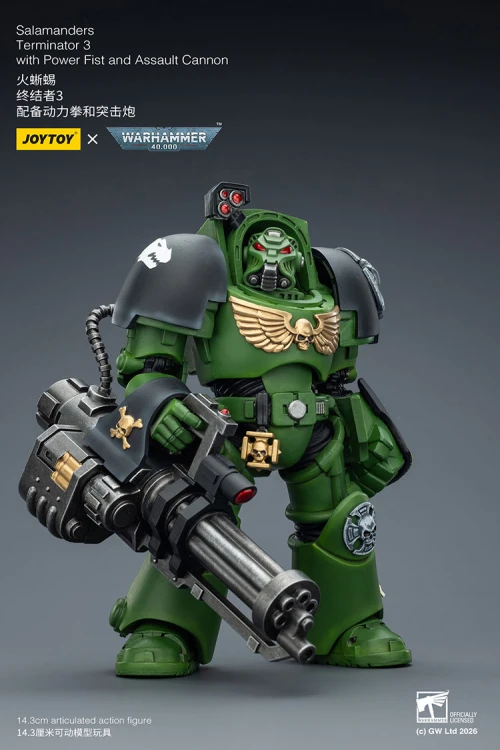 Salamanders Terminator 3 with Power Fist and Assault Cannon – Figurka JoyToy Warhammer 40k 1/18 14 cm