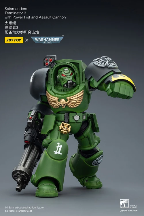Salamanders Terminator 3 with Power Fist and Assault Cannon – Figurka JoyToy Warhammer 40k 1/18 14 cm
