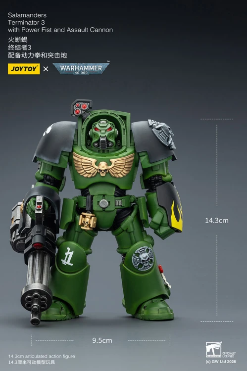 Salamanders Terminator 3 with Power Fist and Assault Cannon – Figurka JoyToy Warhammer 40k 1/18 14 cm