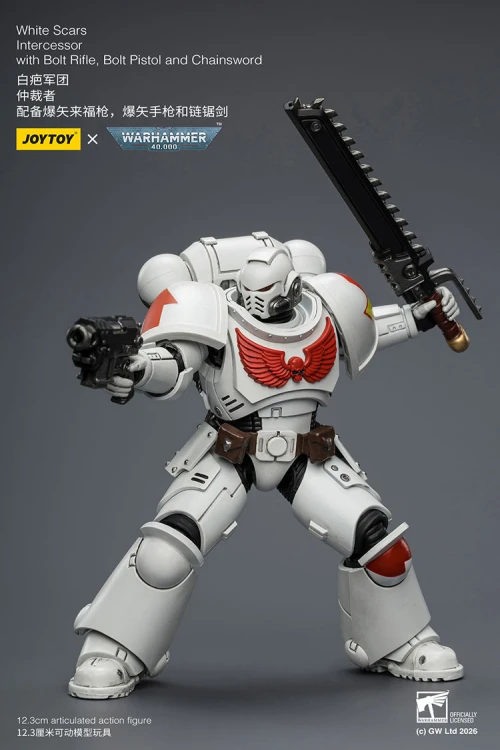 White Scars Intercessor with Bolt Rifle, Bolt Pistol and Chainsword – Figurka JoyToy Warhammer 40k 1/18 12 cm